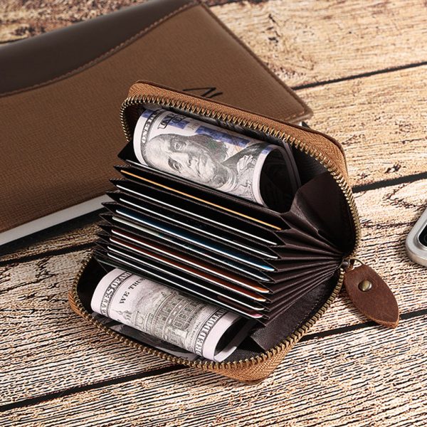 Genuine Leather Large Capacity RFID Anti-magnetic Money Clip Organ Wallets – Coffee