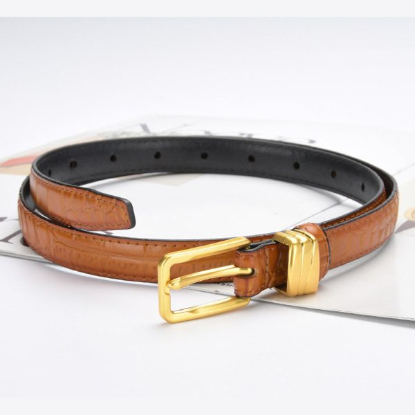 Genuine leather with Crocodile pattern pin buckle thin belt jeans belt for women – Light Brown