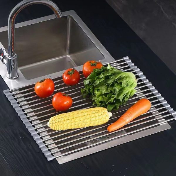 Kitchen Roll-Up Dish Drying Rack Foldable Drainer Over Sink 304-Stainless Steel(Medium:47*30cm)