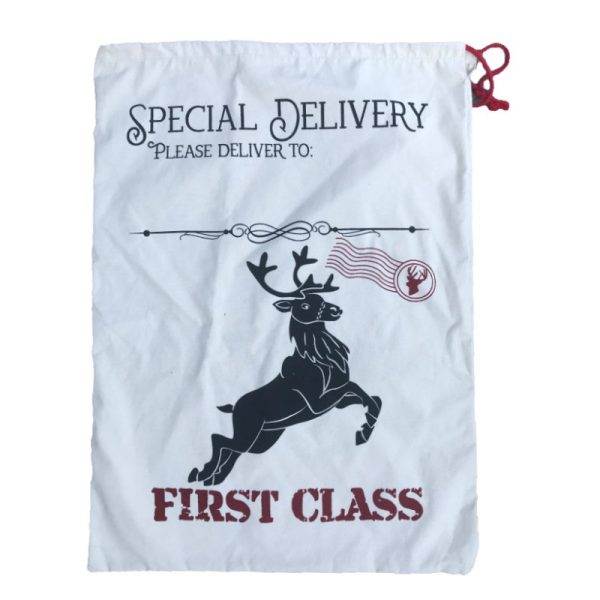 Large Christmas XMAS Hessian Santa Sack Stocking Bag Reindeer Children Gifts Bag, Cream – Reindeer First Class