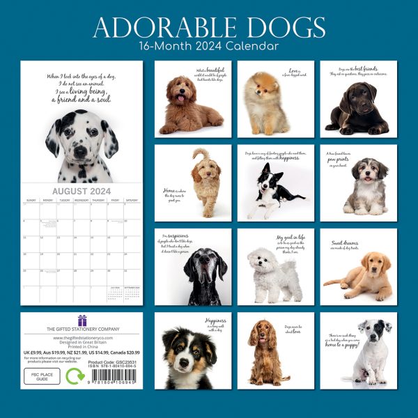 Adorable Dogs – 2024 Square Wall Calendar Pets Animals 16 Months Premium Planner