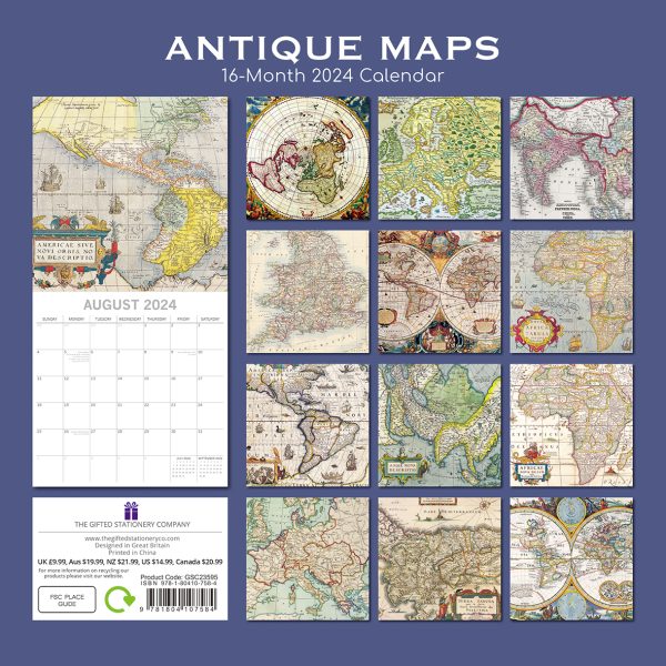 Antique Maps – 2024 Square Wall Calendar 16 Months Arts Planner Christmas Gift