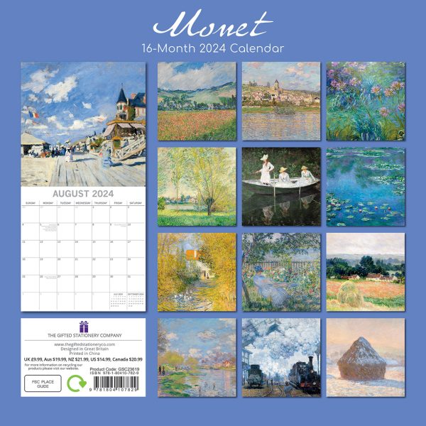 Monet – 2024 Square Wall Calendar 16 Months Arts Planner Christmas New Year Gift