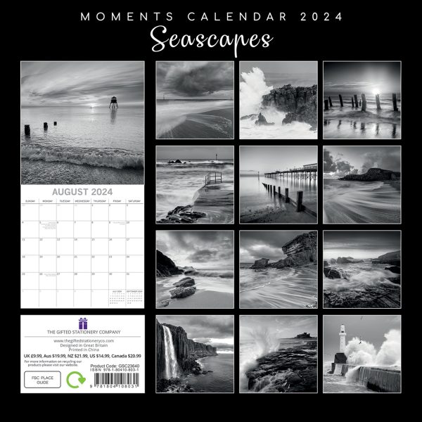 Seascapes 2024 Square Wall Calendar 16 Month Black & White Planner New Year Gift