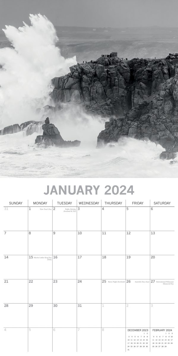 Seascapes 2024 Square Wall Calendar 16 Month Black & White Planner New Year Gift