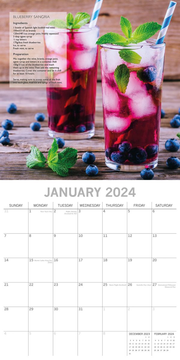 Cocktails – 2024 Square Wall Calendar 16 Months Food Planner New Year w Recipes