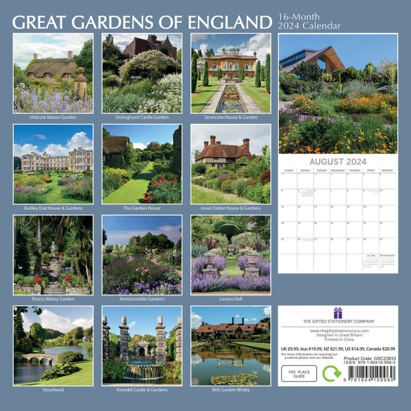 Great Gardens of England 2024 Square Wall Calendar 16Month Planner New Year Gift