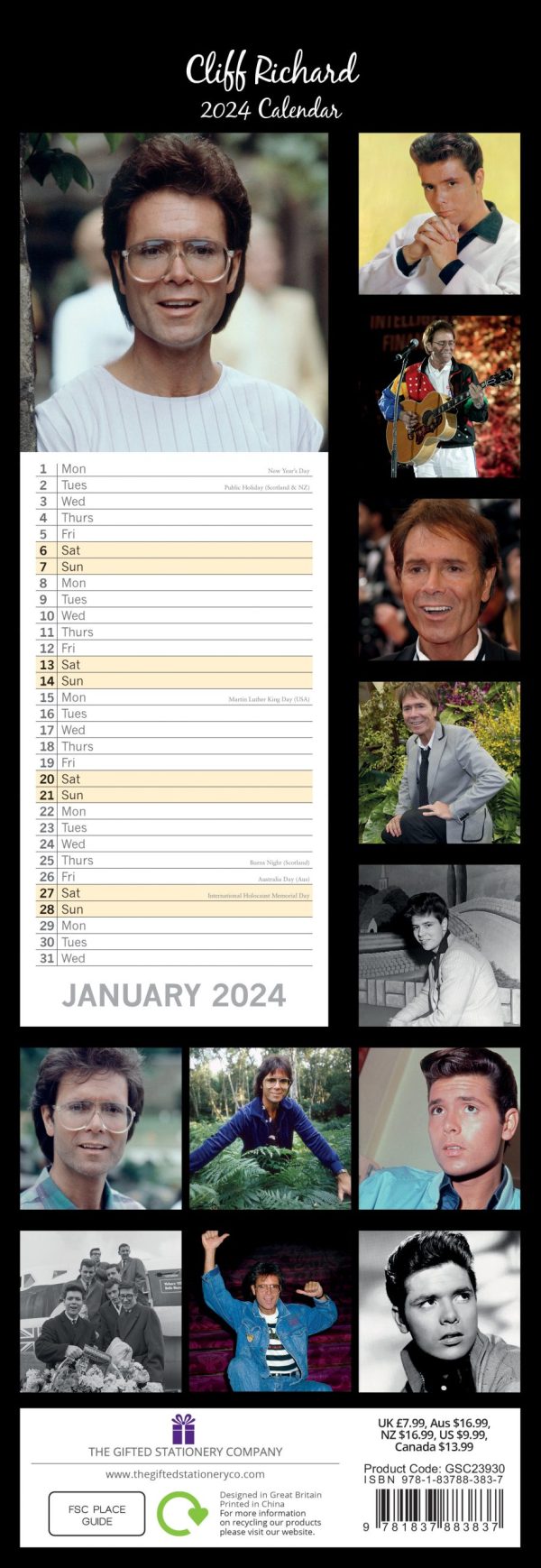 Cliff Richard – 2024 Slimline Slim Wall Calendar Hanging Planner New Year Gift