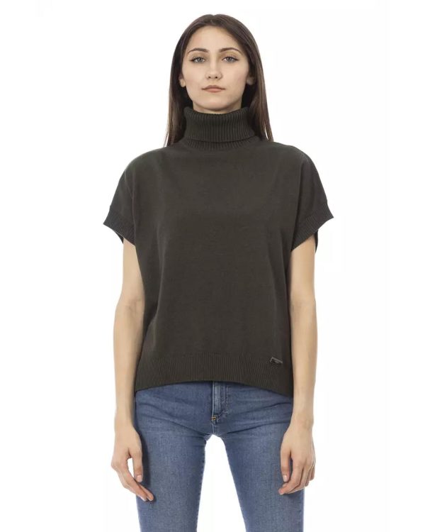 Ribbed Turtleneck Sweater with Short Sleeves and Monogram Detail – L