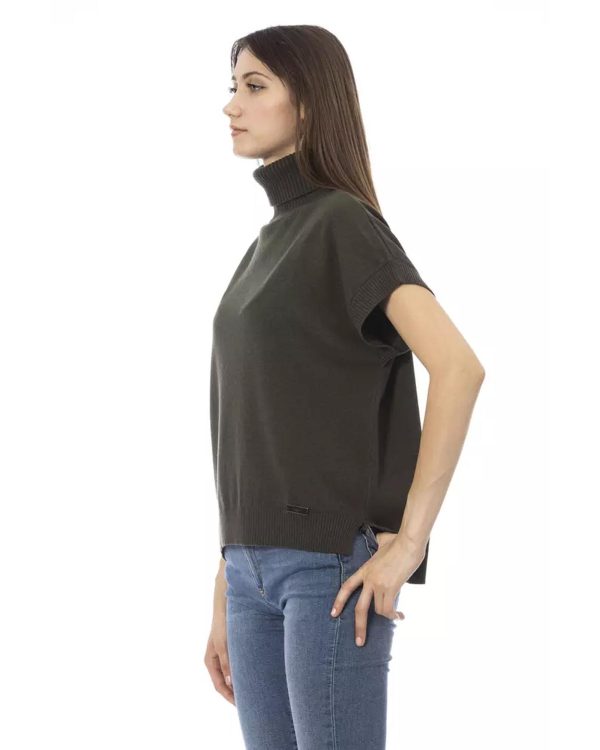 Ribbed Turtleneck Sweater with Short Sleeves and Monogram Detail – L