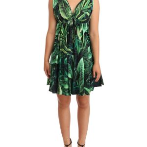 Flared Mini A-line Dress with Philodendron Leaf Print Women