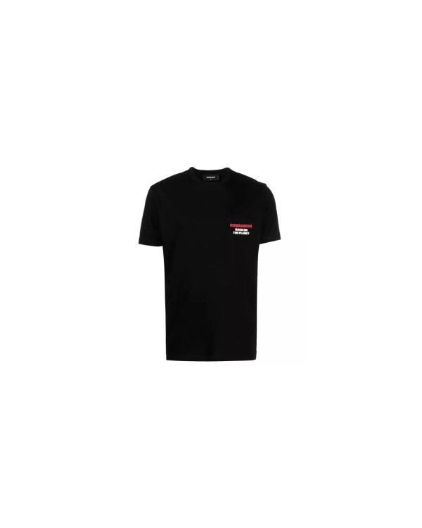 Black Cotton T-Shirt with Contrasting Logo Stamps – L