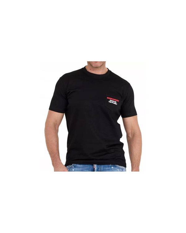 Black Cotton T-Shirt with Contrasting Logo Stamps – L