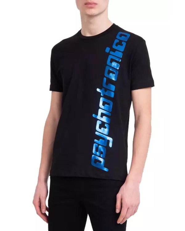 Black Cotton T-Shirt with Blue Vertical Print – L