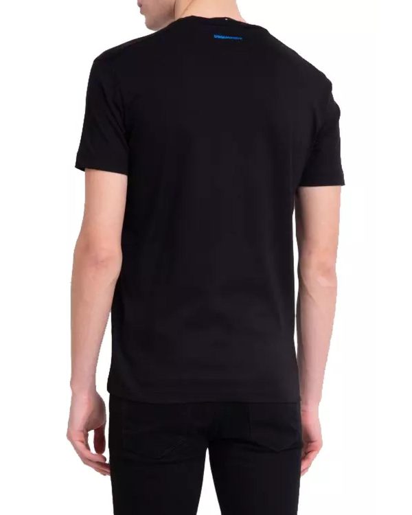 Black Cotton T-Shirt with Blue Vertical Print – L