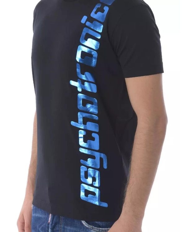 Black Cotton T-Shirt with Blue Vertical Print – L