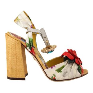 Dolce & Gabbana Block High Heel Sandals with Crystal Embellishments and Floral Appliques 38 EU Women