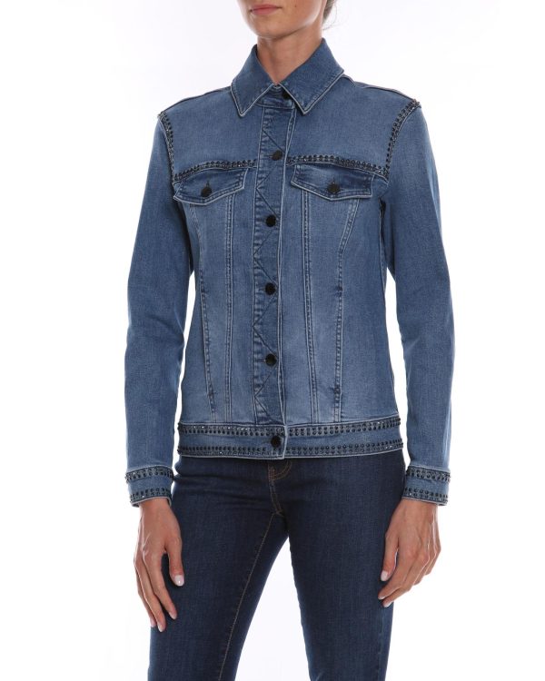 Cotton Denim Jacket with Button Closure and Decorative Beads 44 IT Women