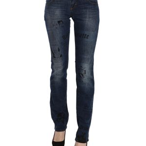 Blue Gazette Newspaper Print Low Waist Skinny Denim Jeans Women