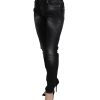 Tapered Mid Waist Black Washed Denim Jeans with Logo Details W26 US Women