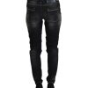 Tapered Mid Waist Black Washed Denim Jeans with Logo Details W26 US Women