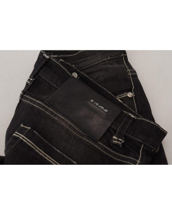 Tapered Mid Waist Black Washed Denim Jeans with Logo Details W26 US Women