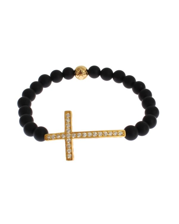 Authentic NIALAYA Bracelet with Matte Onyx Beads and CZ Diamond Cross – XS