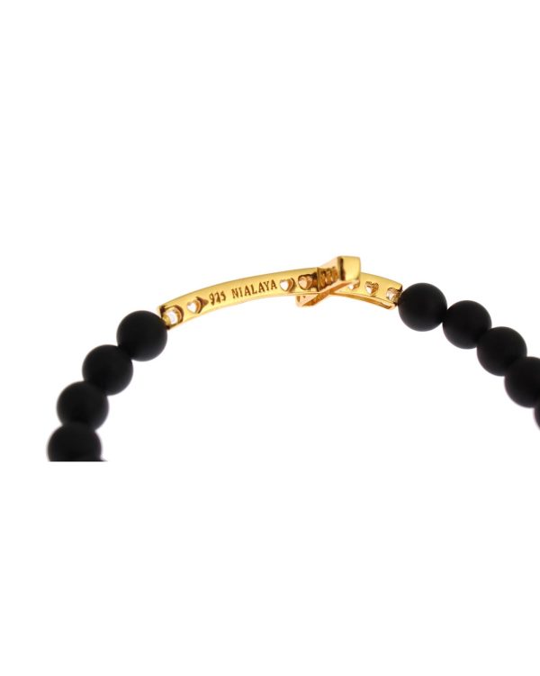 Authentic NIALAYA Bracelet with Matte Onyx Beads and CZ Diamond Cross – XS