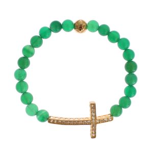 NIALAYA Green Jade Bead Bracelet with CZ Diamond Cross Women