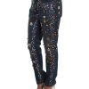 Blue Wash Crystal Heart Roses Embellished Enchanted Sicily Boyfriend Jeans 38 IT Women