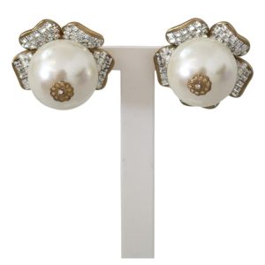 Floral Motif Dolce & Gabbana Earrings with Shimmering Crystals and Faux Pearl One Size Women