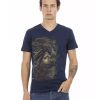 Short Sleeve T-shirt with V-neck and Front Print – L