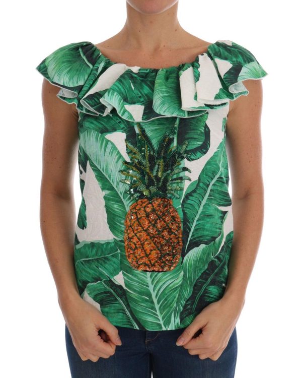 Cap Sleeve Blouse Top with Ruffled Neckline and Sequined Pineapple Embroidery Women – 36 IT