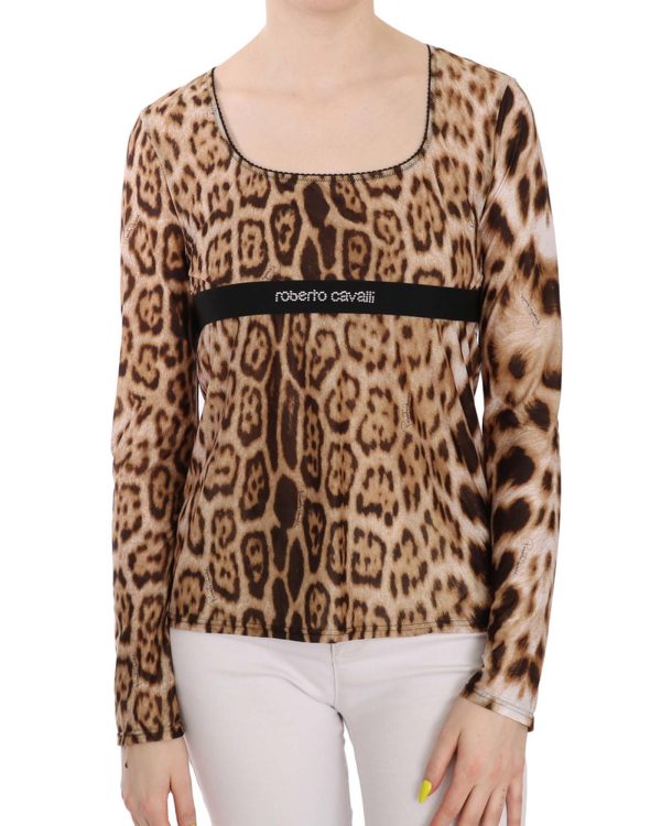 Roberto Cavalli Long Sleeve Round Neck Leopard Top Women – 46 IT