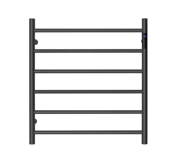 Premium Matte Black Heated Towel Rack with LED control- 6 Bars, Round Design, AU Standard, 650x620mm Wide