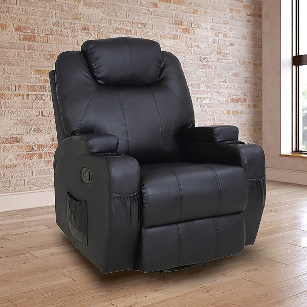 Massage Sofa Chair Recliner 360 Degree Swivel PU Leather Lounge 8 Point Heated – Black