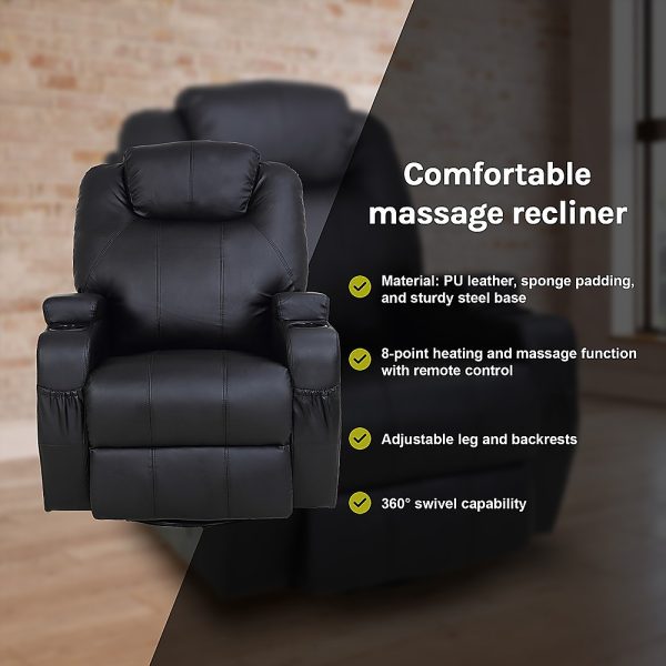 Massage Sofa Chair Recliner 360 Degree Swivel PU Leather Lounge 8 Point Heated – Black