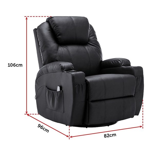 Massage Sofa Chair Recliner 360 Degree Swivel PU Leather Lounge 8 Point Heated – Black