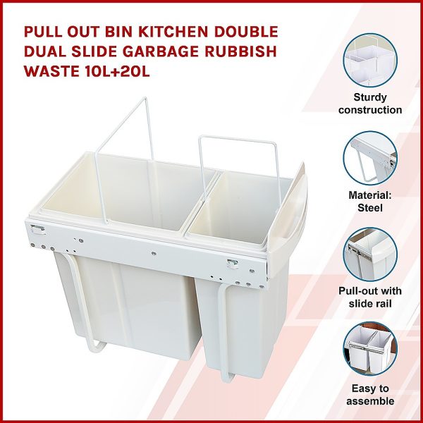 Pull Out Bin Kitchen Double Dual Slide Garbage Rubbish Waste – 10L + 20L