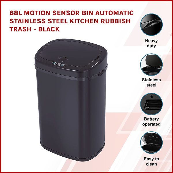 68L Motion Sensor Bin Automatic Stainless Steel Kitchen Rubbish Trash – Black