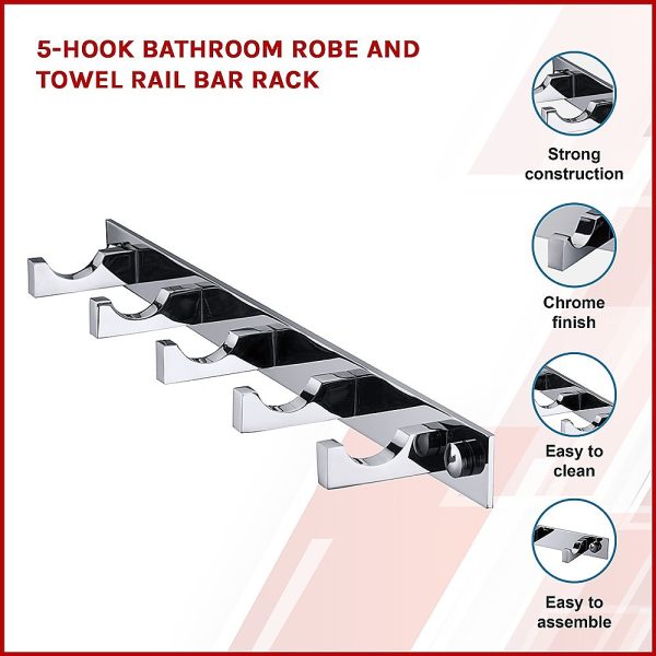 5-Hook Bathroom Robe and Towel Rail Bar Rack