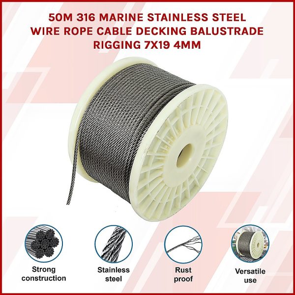 50M 316 Marine Stainless Steel Wire Rope Cable Decking Balustrade Rigging 7×19 4mm