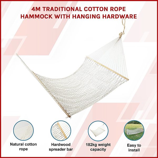 4m Traditional Cotton Rope Hammock with Hanging Hardware