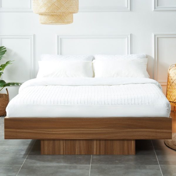 Walnut Oak Wood Floating Bed Base Queen