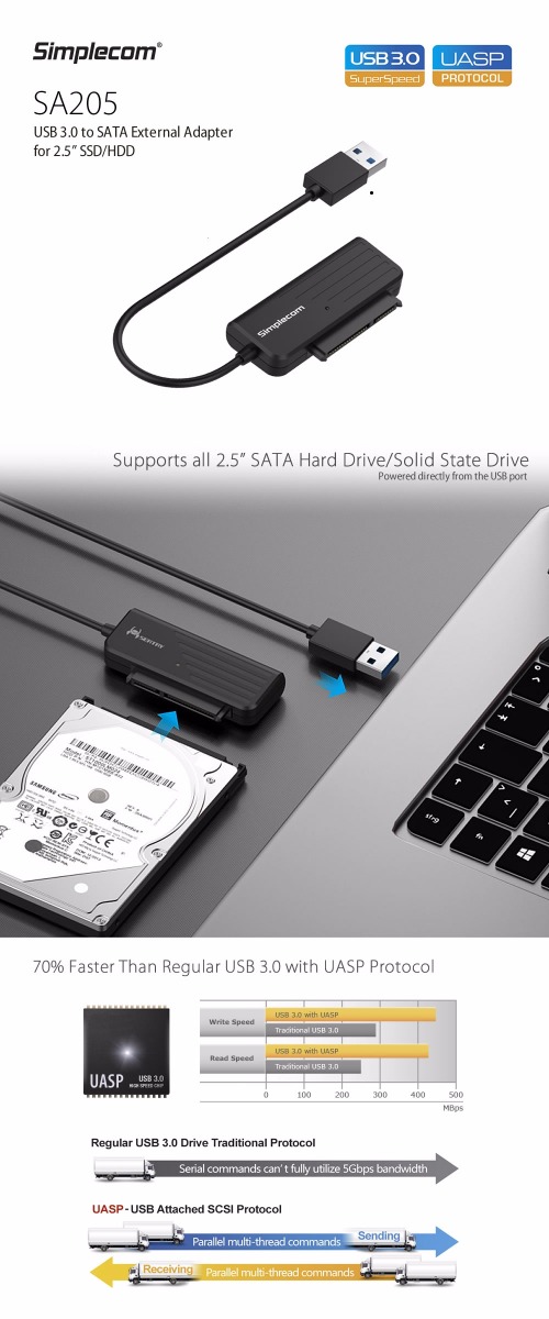 Simplecom SA205 Compact USB 3.0 to SATA Adapter Cable Converter for 2.5″ SSD/HDD