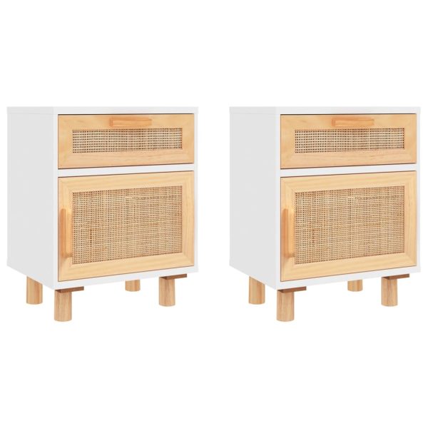 Delano Bedside Cabinets 2 pcs Solid Wood Pine and Natural Rattan – White