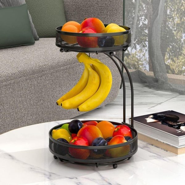 Detachable 2 Tier Countertop Fruit Basket Bowl with Banana Hook (Black) GO-FB-100-JTM