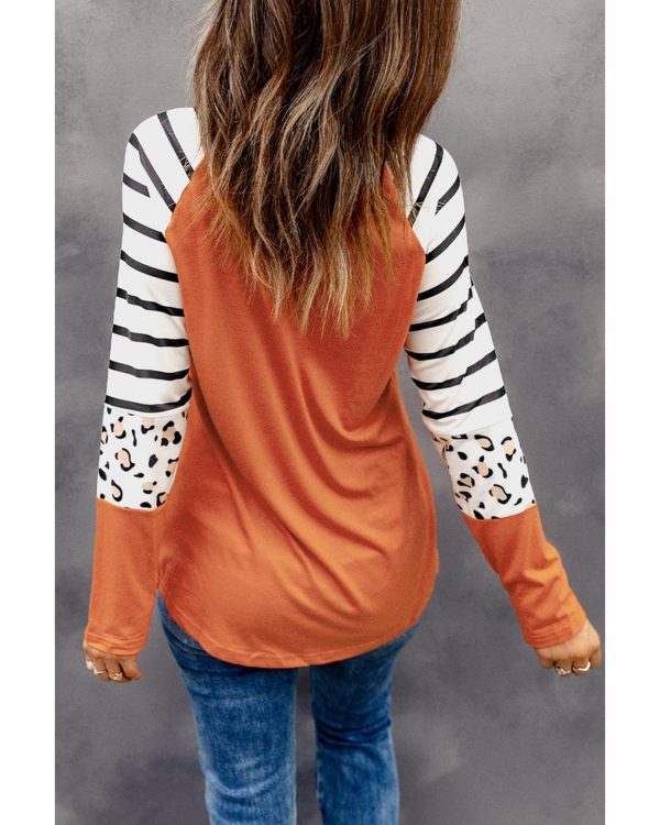 Azura Exchange Animal Print Long Sleeve Top with Striped Colorblock – L