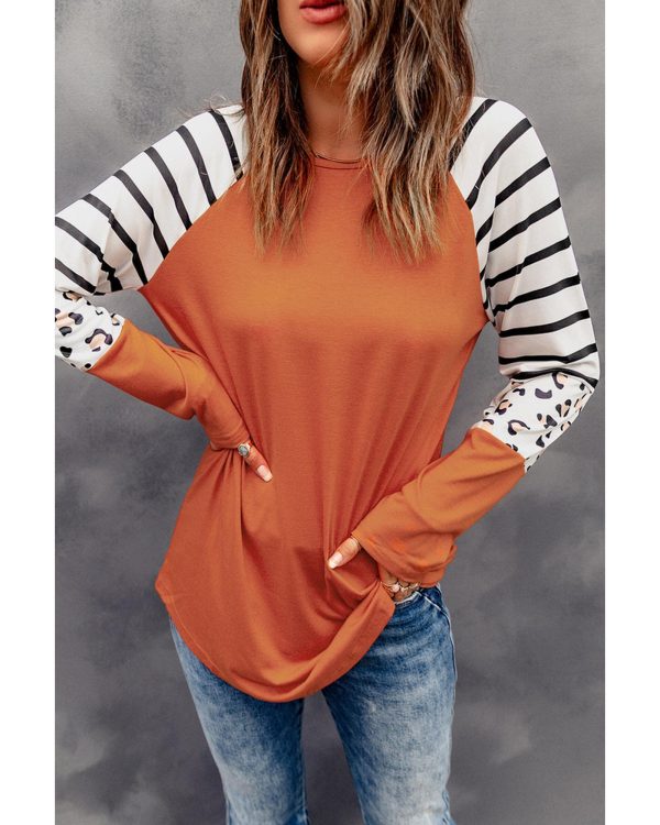 Azura Exchange Animal Print Long Sleeve Top with Striped Colorblock – L