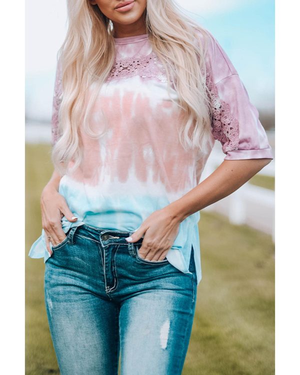 Azura Exchange Lace Stitching Tie-Dye Short Sleeve T-Shirt in 95% Polyester+5% Elastane – L